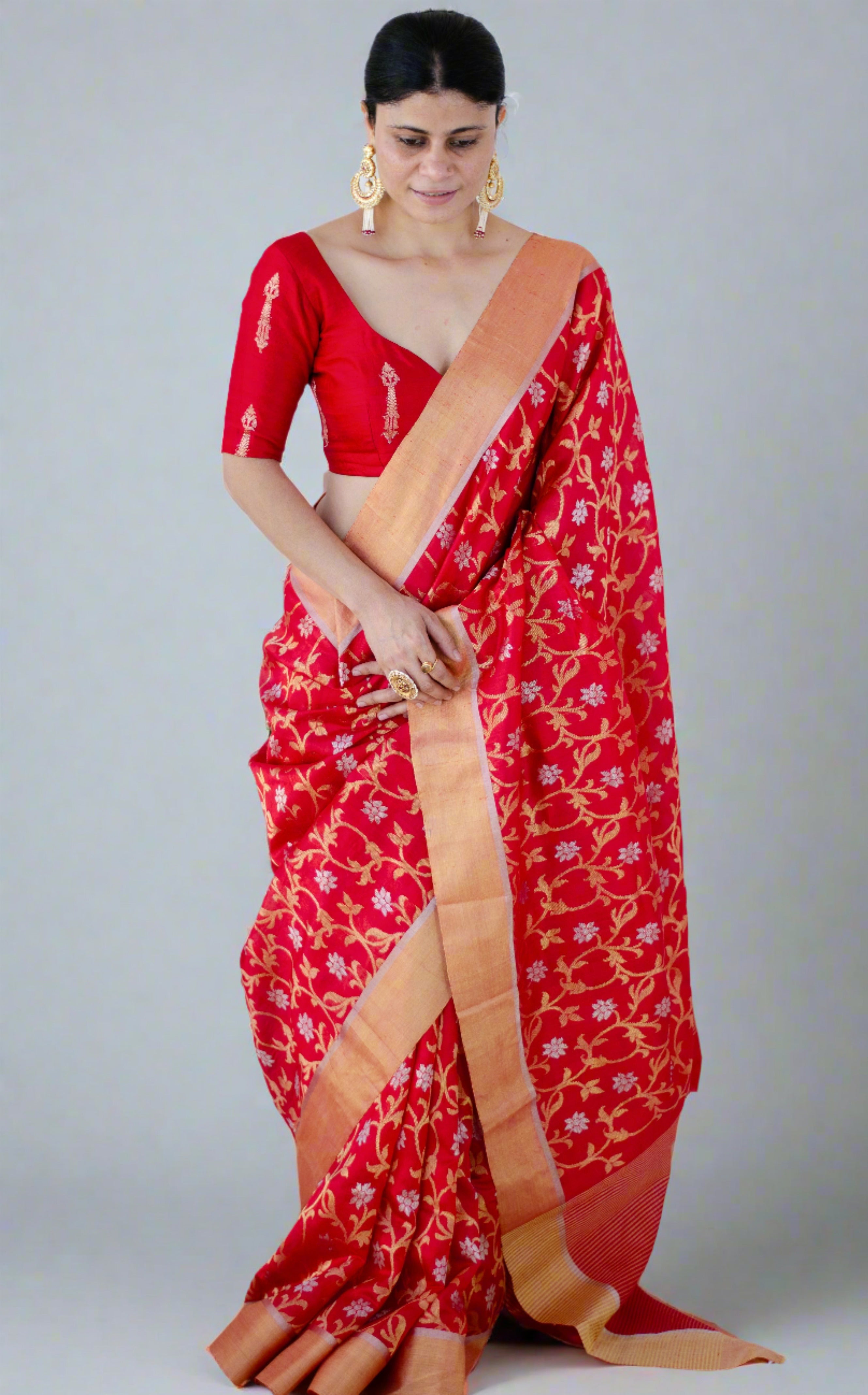 Mustard Kanchi Pattu Saree with Red Blouse - Mrinalini Collection