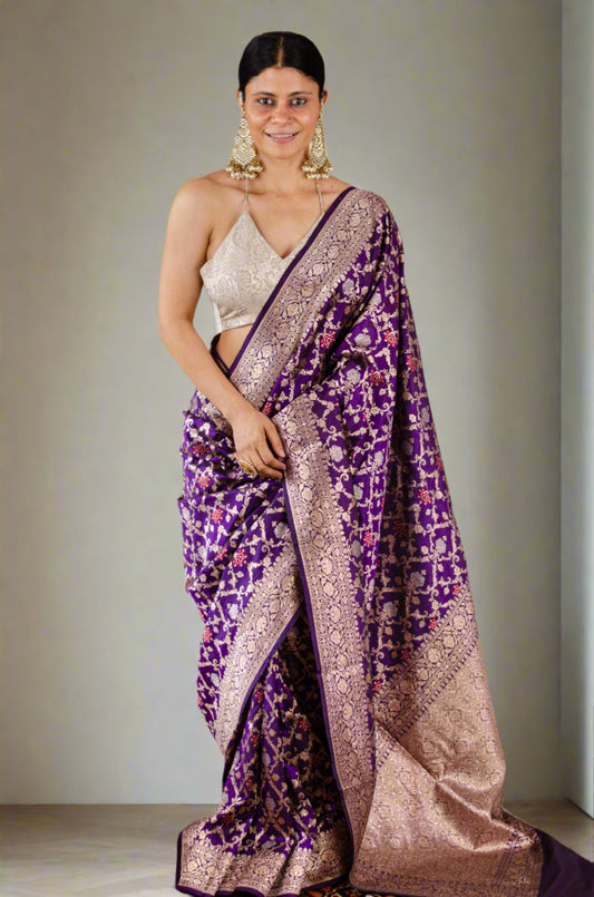 Deep Purple Colour Pure  Meenakari /Silver Alfi Jangle Weaving Handloom Katan Mulbery Silk Saree