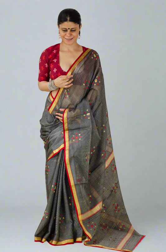 Handloom Cotton Silk Chanderi Saree With Woven Thread & Zari Motifs.