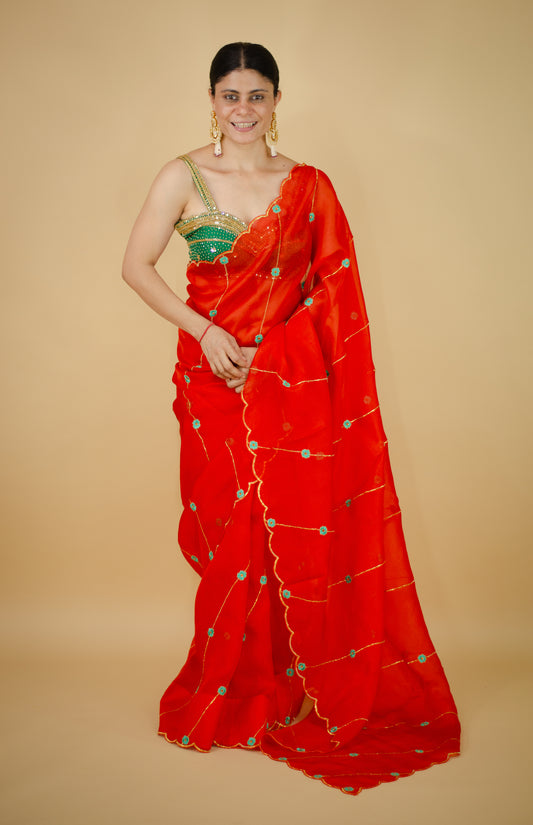 Sequence & Resham thread Hand Embroidered Handloom Organza Silk Saree.