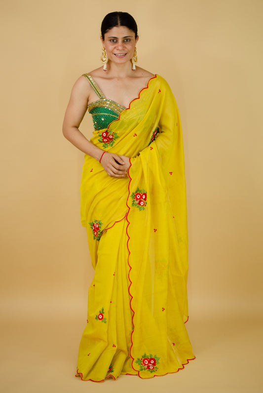 Sequence & Resham thread Hand Embroidered Handloom tissue Silk Saree.