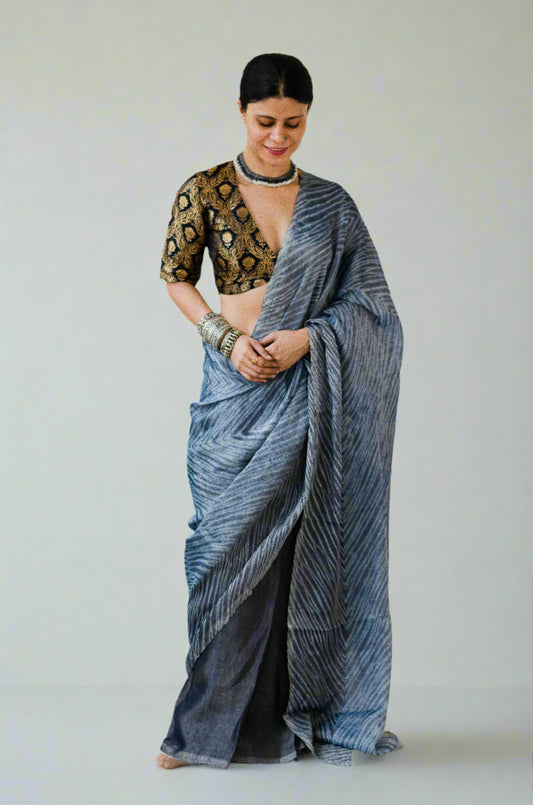 Natural Dyed Handmade Arashi Shibori Metallic Linen Saree.