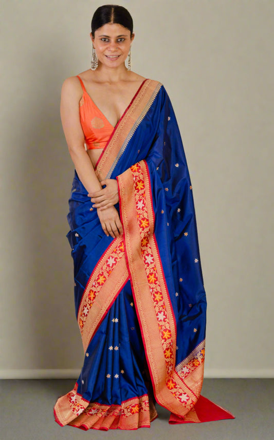 Deep Blue Colour Handwoven Kadwa Katan Meenakasri  Silk Banarasi Saree