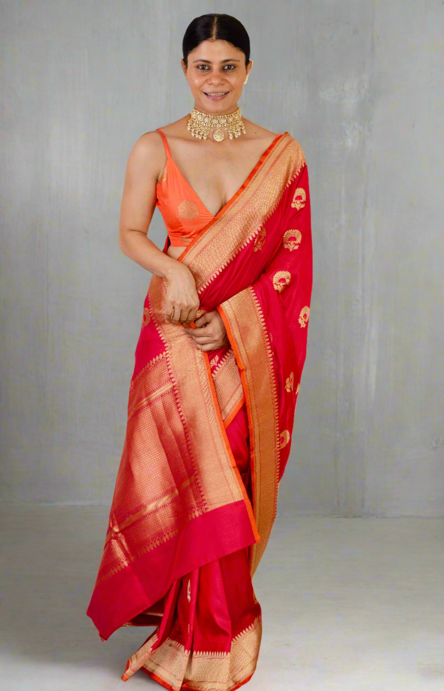 Red Mix Orange Colour  Meenakari /Silver Jangle  kadwa Weaving Handwoven Katan Mulbery Silk Saree