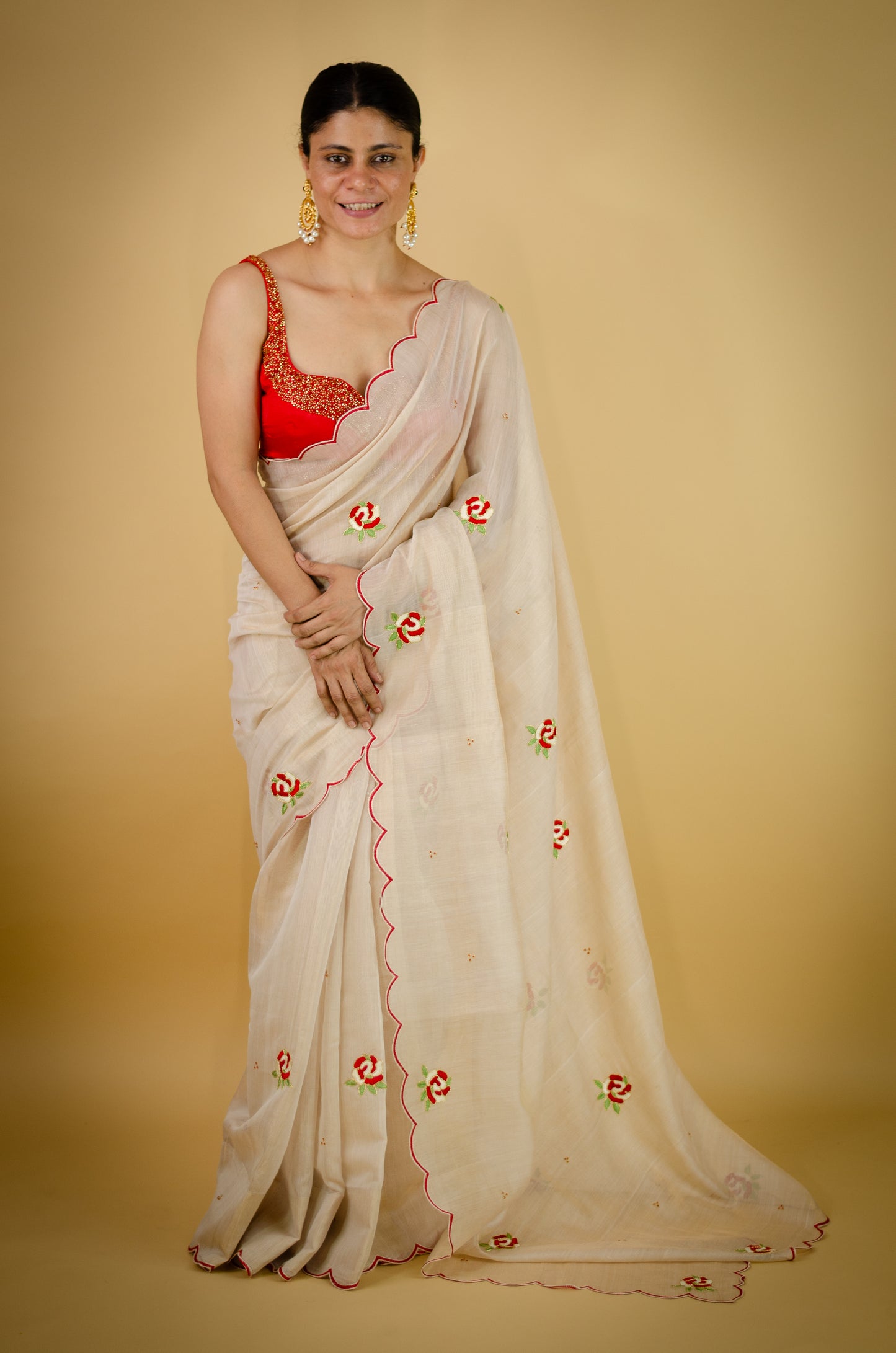 Sequence & Resham thread Hand Embroidered Handloom tissue Silk Saree.