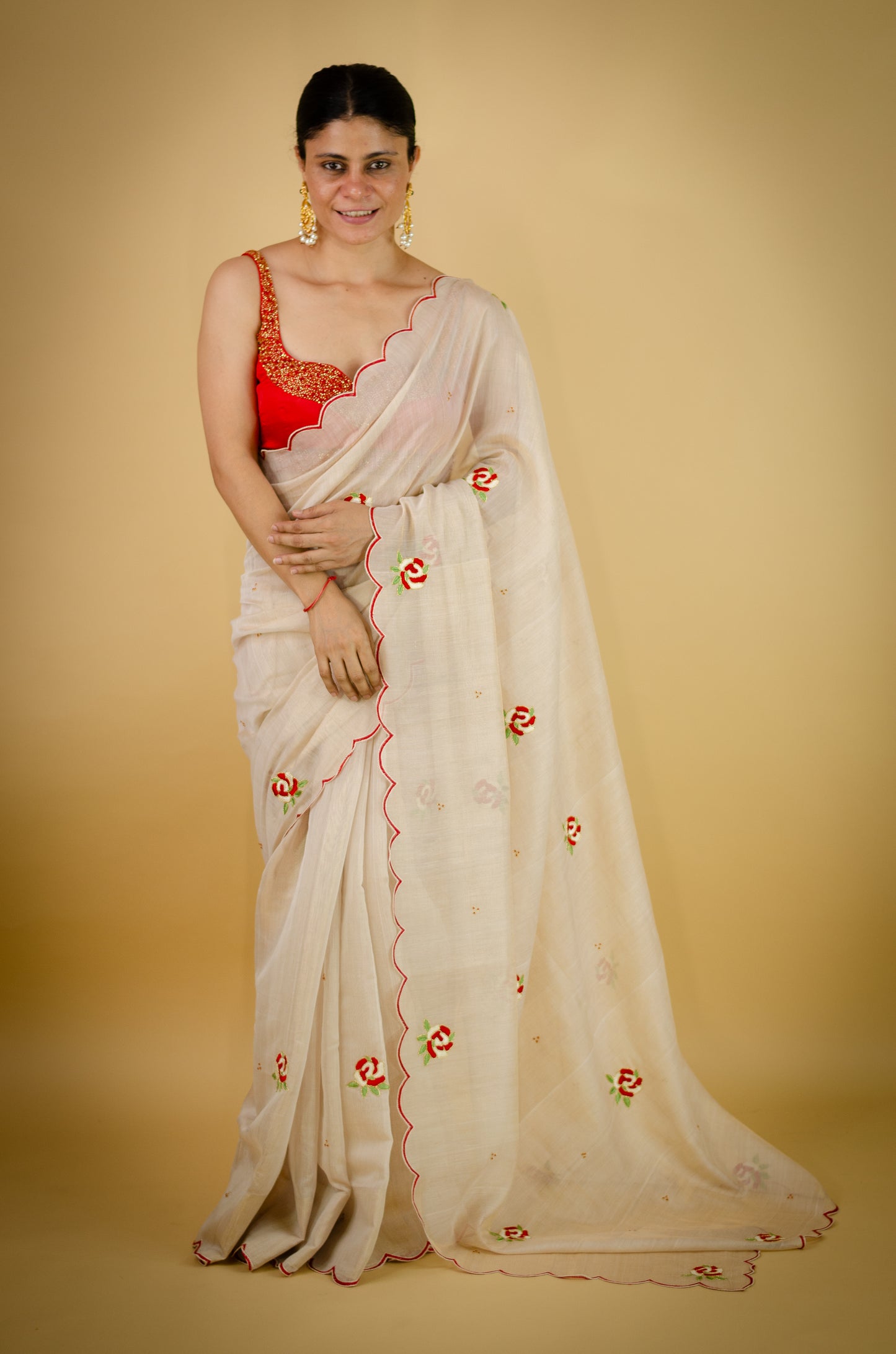 Sequence & Resham thread Hand Embroidered Handloom tissue Silk Saree.