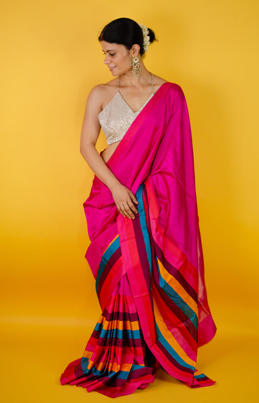 Handloom Chanderi Silk Saree With Mashru Silk Border