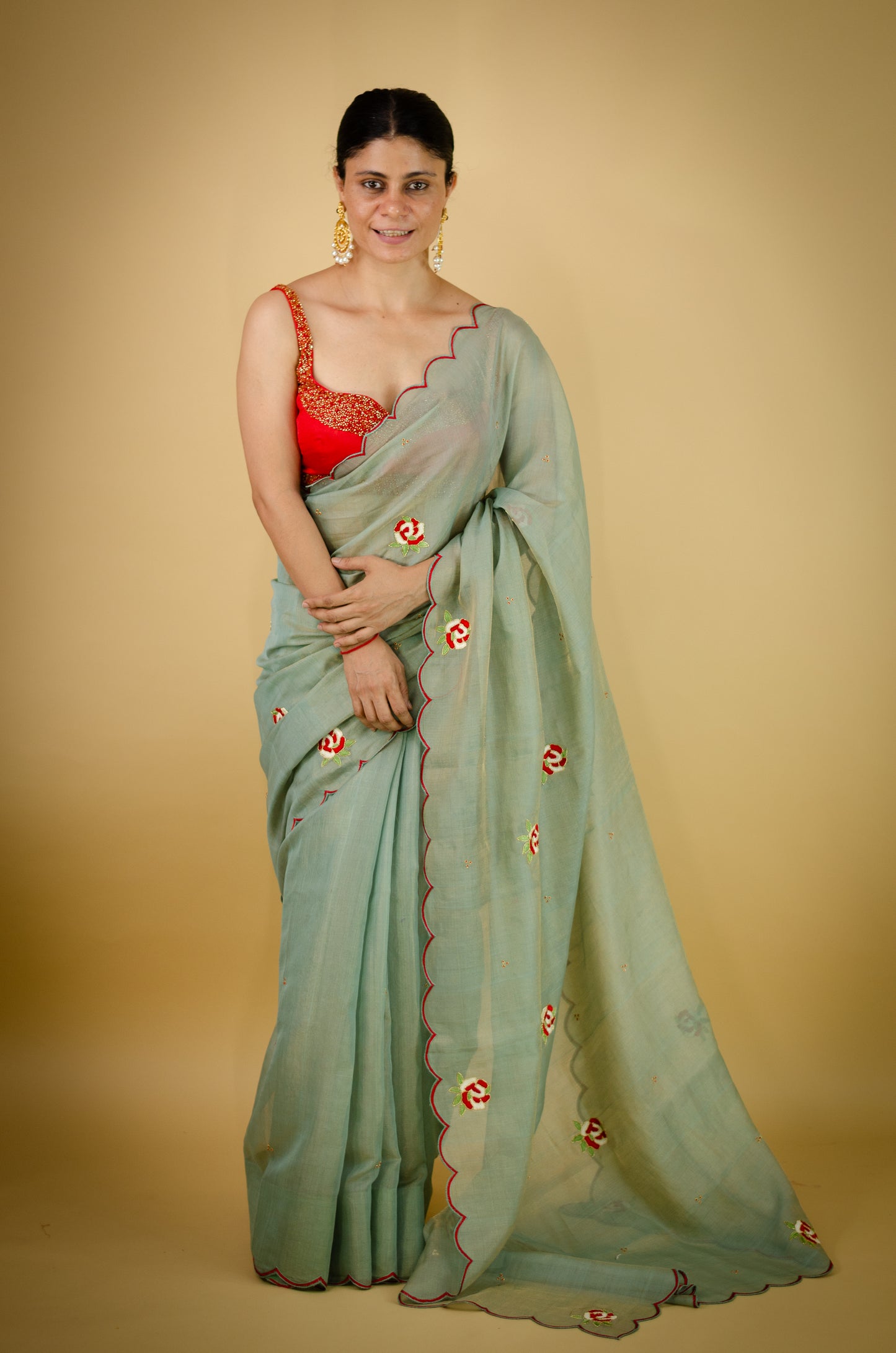 Sequence & Resham thread Hand Embroidered Handloom tissue Silk Saree.