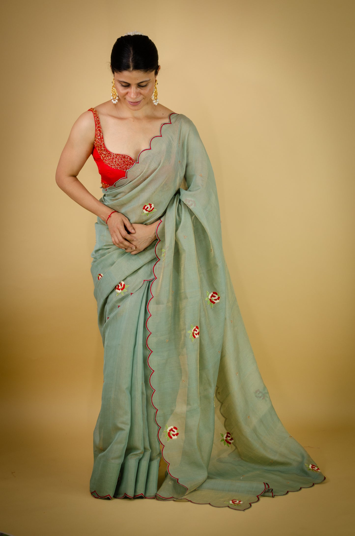 Sequence & Resham thread Hand Embroidered Handloom tissue Silk Saree.