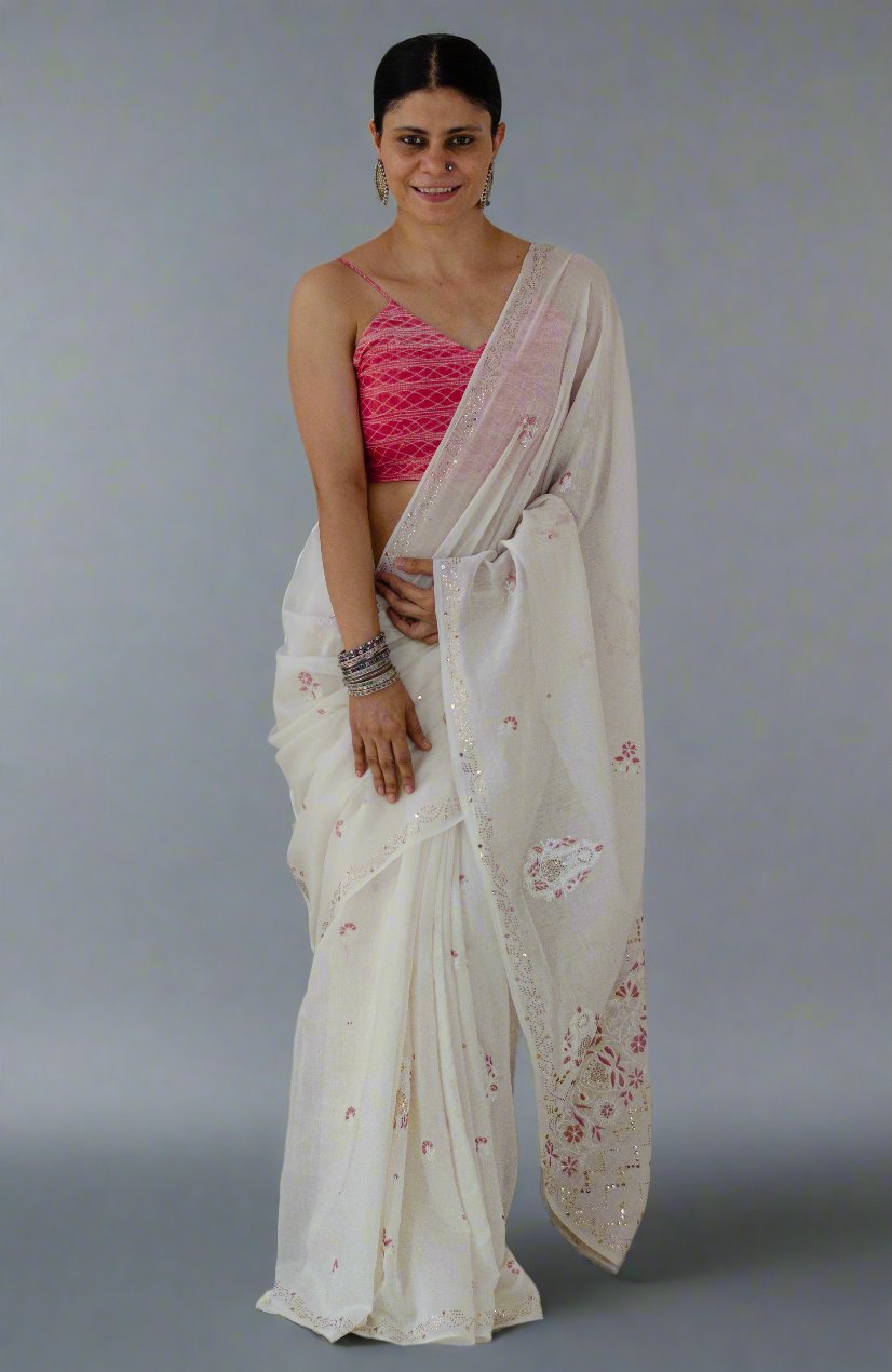 White All Over Mukaish Jaal Saree - Thechikanlabel - TheChikanLabel |  Lucknow Chikankari Kurtis & Suits