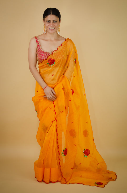 Zardosi and Sequence and Beads Hand Embroidered Handloom Organza Silk Saree