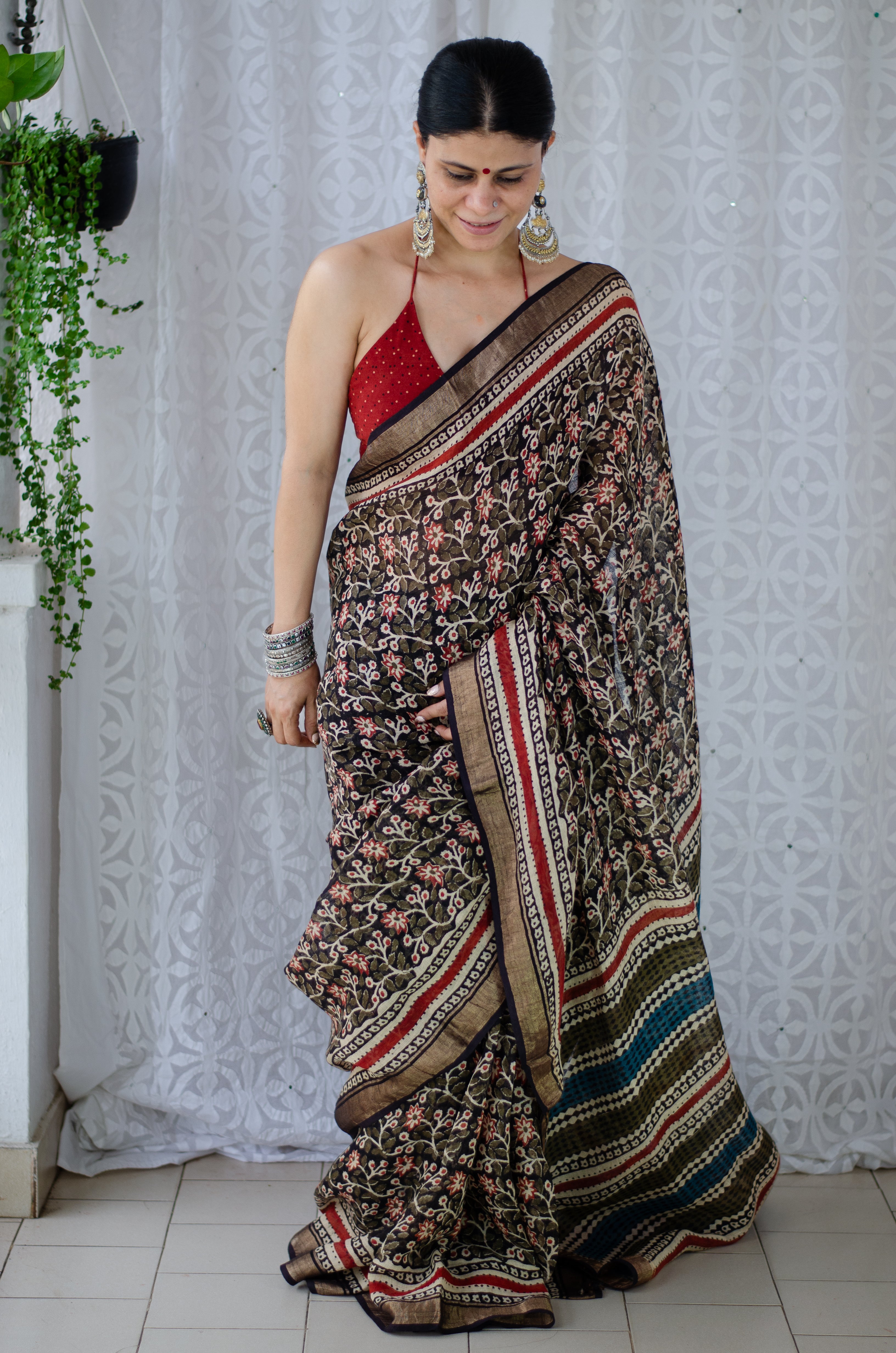 Jaipur Printed Linen Saree with Blouse Piece - Srishti Textile