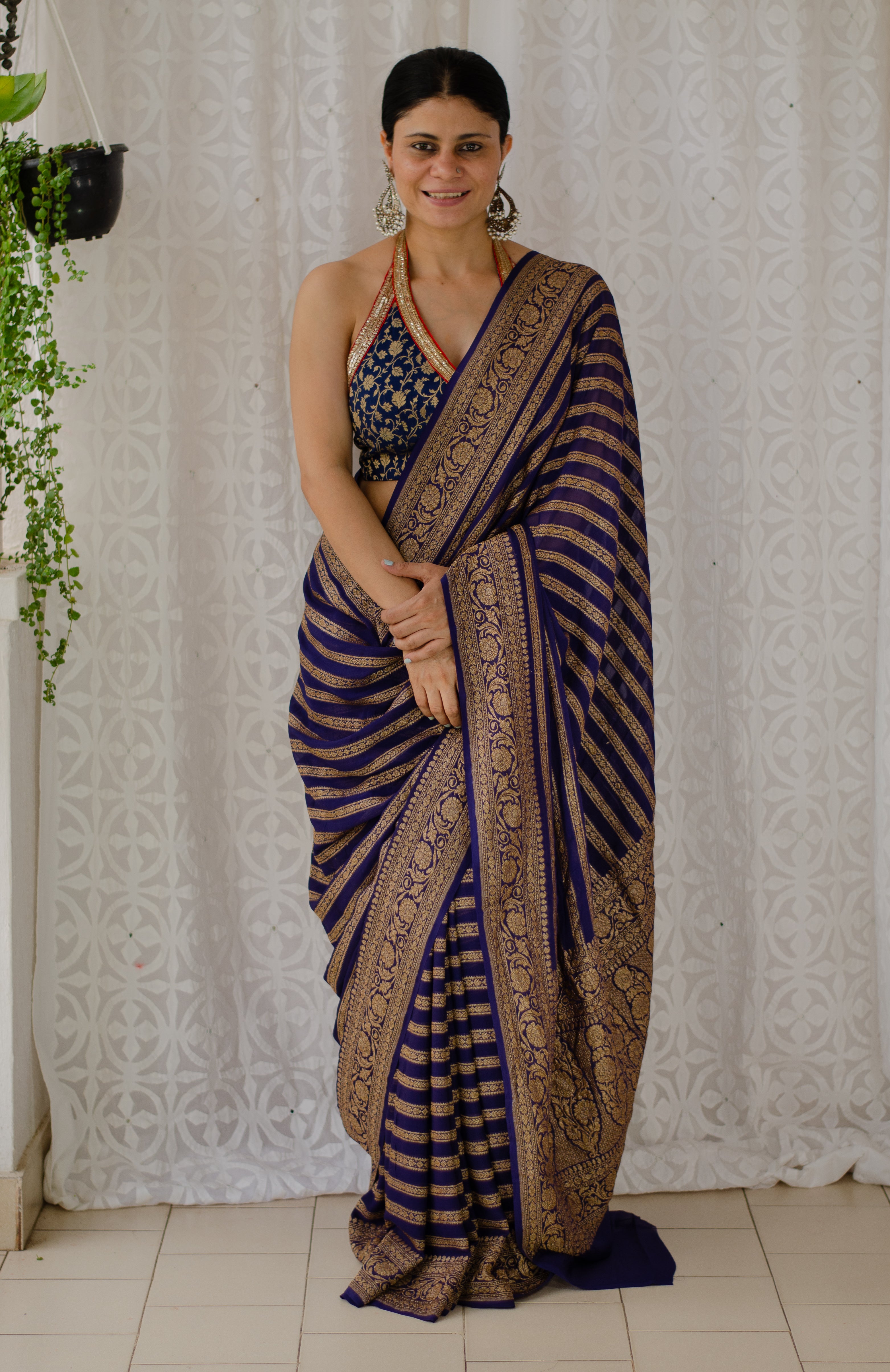 Buy Teal Blue Khaddi Georgette Banarasi Saree online-Karagiri