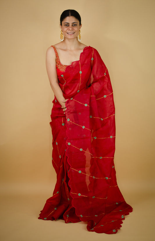 Sequence & Resham thread Hand Embroidered Handloom Organza Silk Saree.