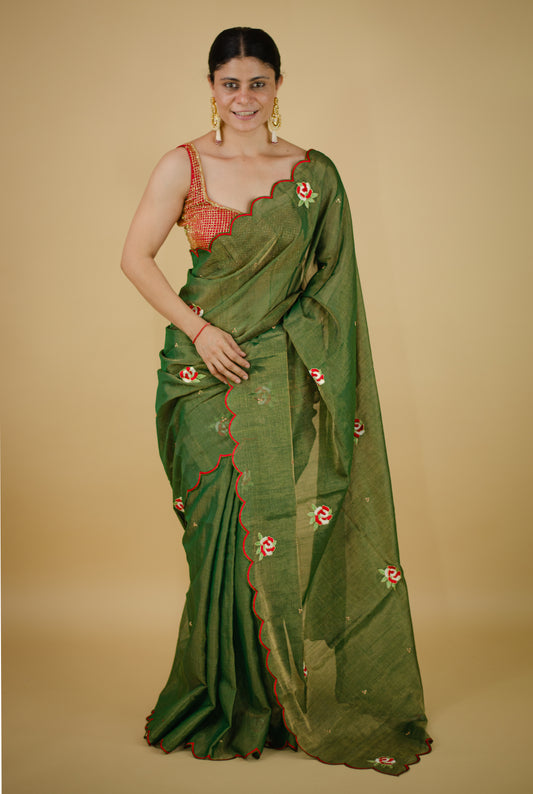 Sequence & Resham thread Hand Embroidered Handloom tissue Silk Saree.