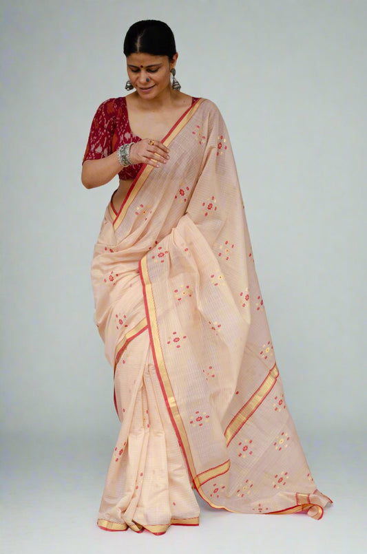 Handloom Cotton Silk Chanderi Saree With Woven Thread & Zari Motifs.