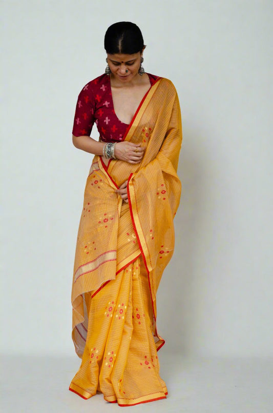 Handloom Cotton Silk Chanderi Saree With Woven Thread & Zari Motifs.