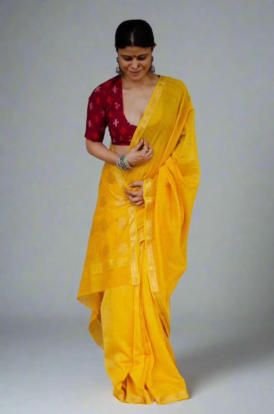 Handloom Cotton Silk Chanderi Saree With Woven  Booties  & Nakashi Border