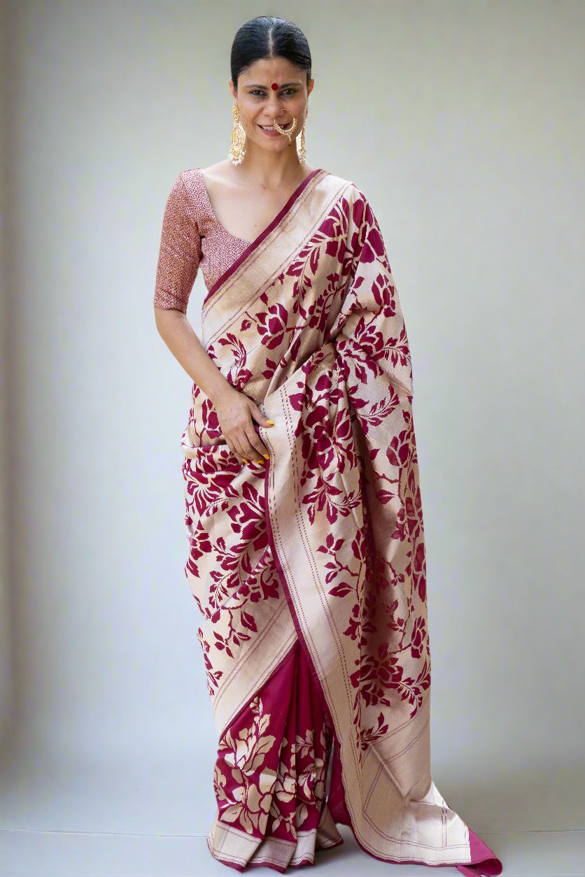 Magenta Colour Cut Work Handloom Katan Silk Banarasi  Designer Saree