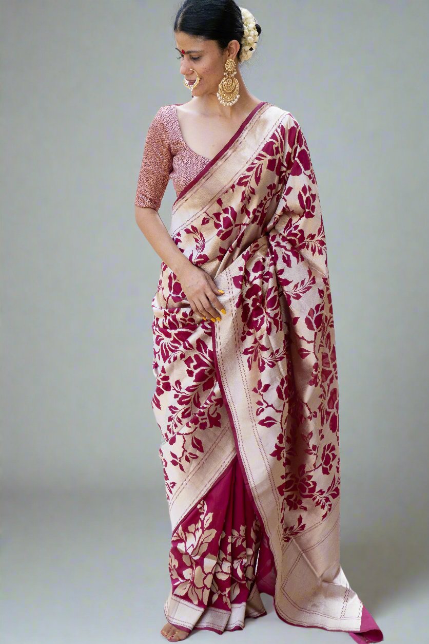 Magenta Colour Cut Work Handloom Katan Silk Banarasi  Designer Saree