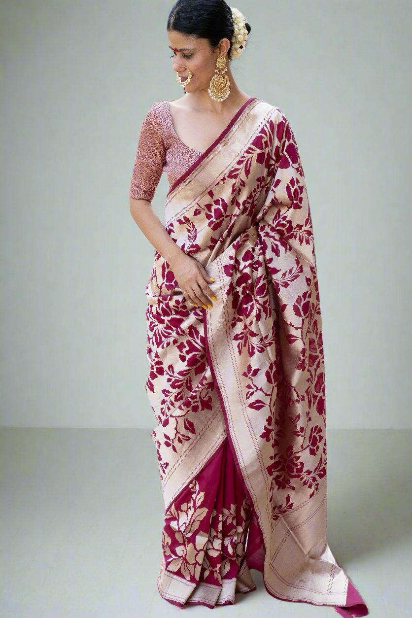 Magenta Colour Cut Work Handloom Katan Silk Banarasi  Designer Saree