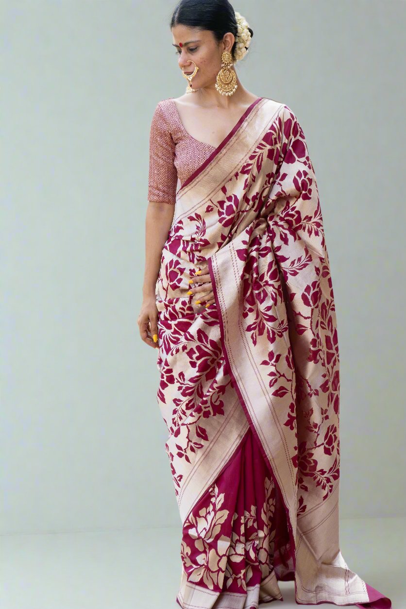 Magenta Colour Cut Work Handloom Katan Silk Banarasi  Designer Saree