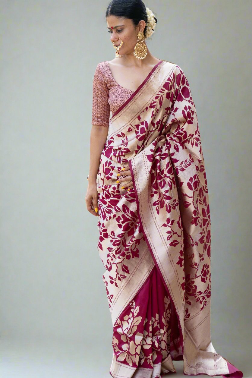 Magenta Colour Cut Work Handloom Katan Silk Banarasi  Designer Saree