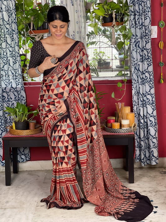 Handblock Printed  Natural Dyed  Ajrakh Mull Cotton Saree