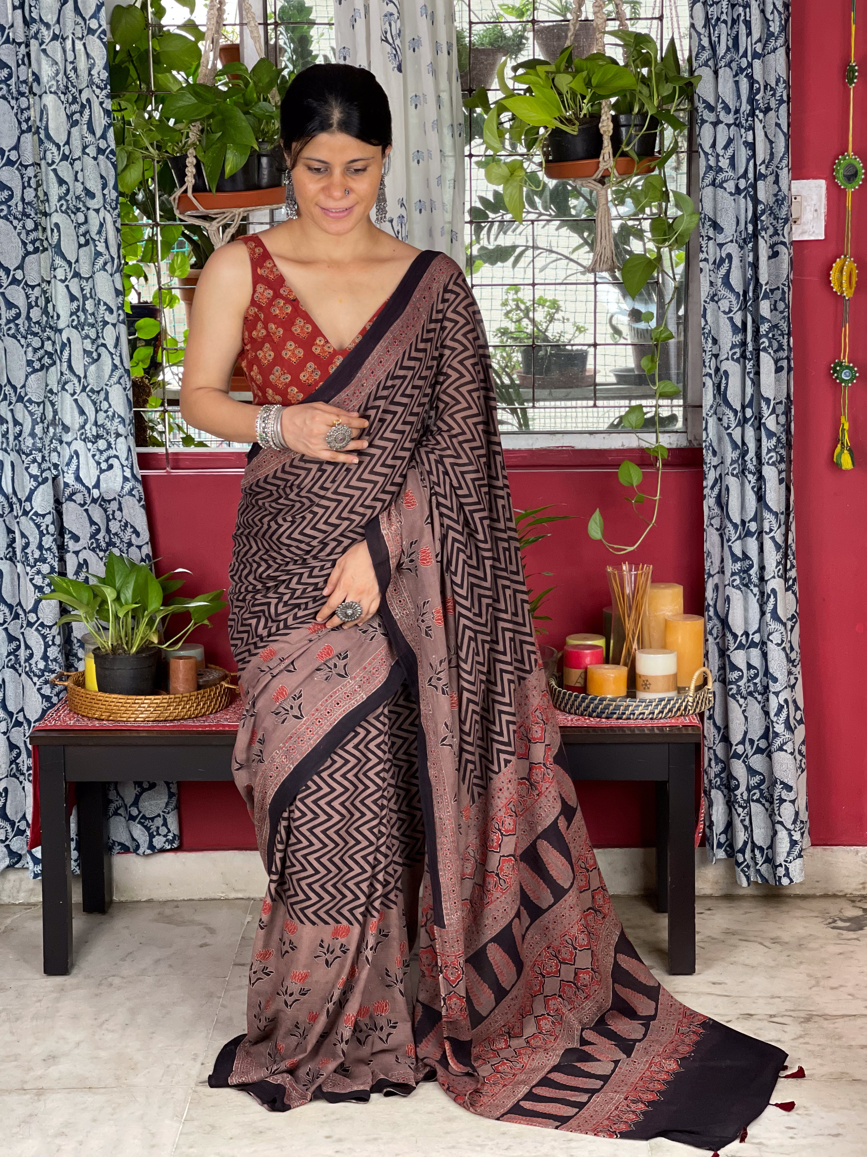 Black Applique Ajrakh Hand Embroidered Mul Cotton Saree – Soovos