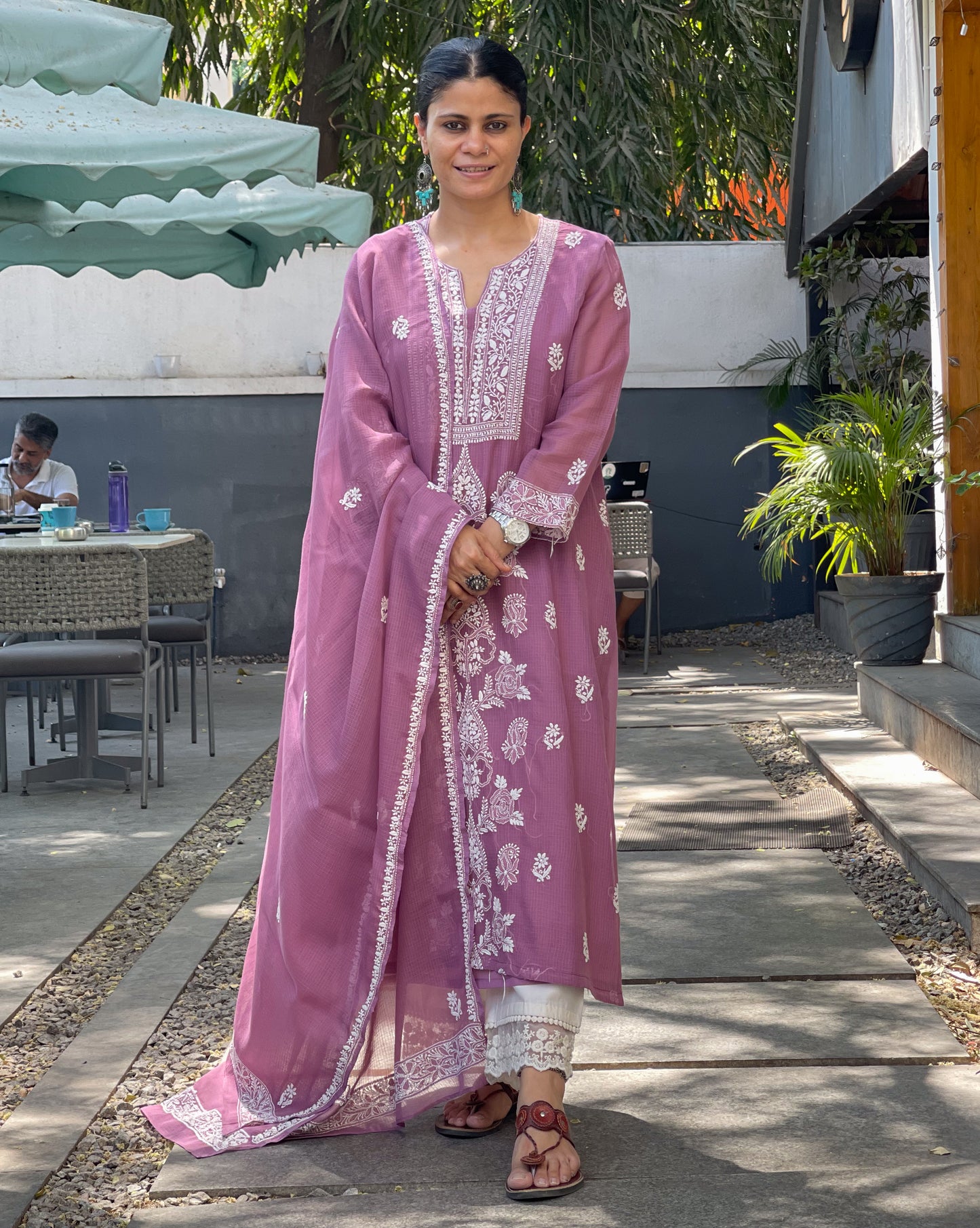 Handembroidered Chikankari Kota Doria With Dupatta