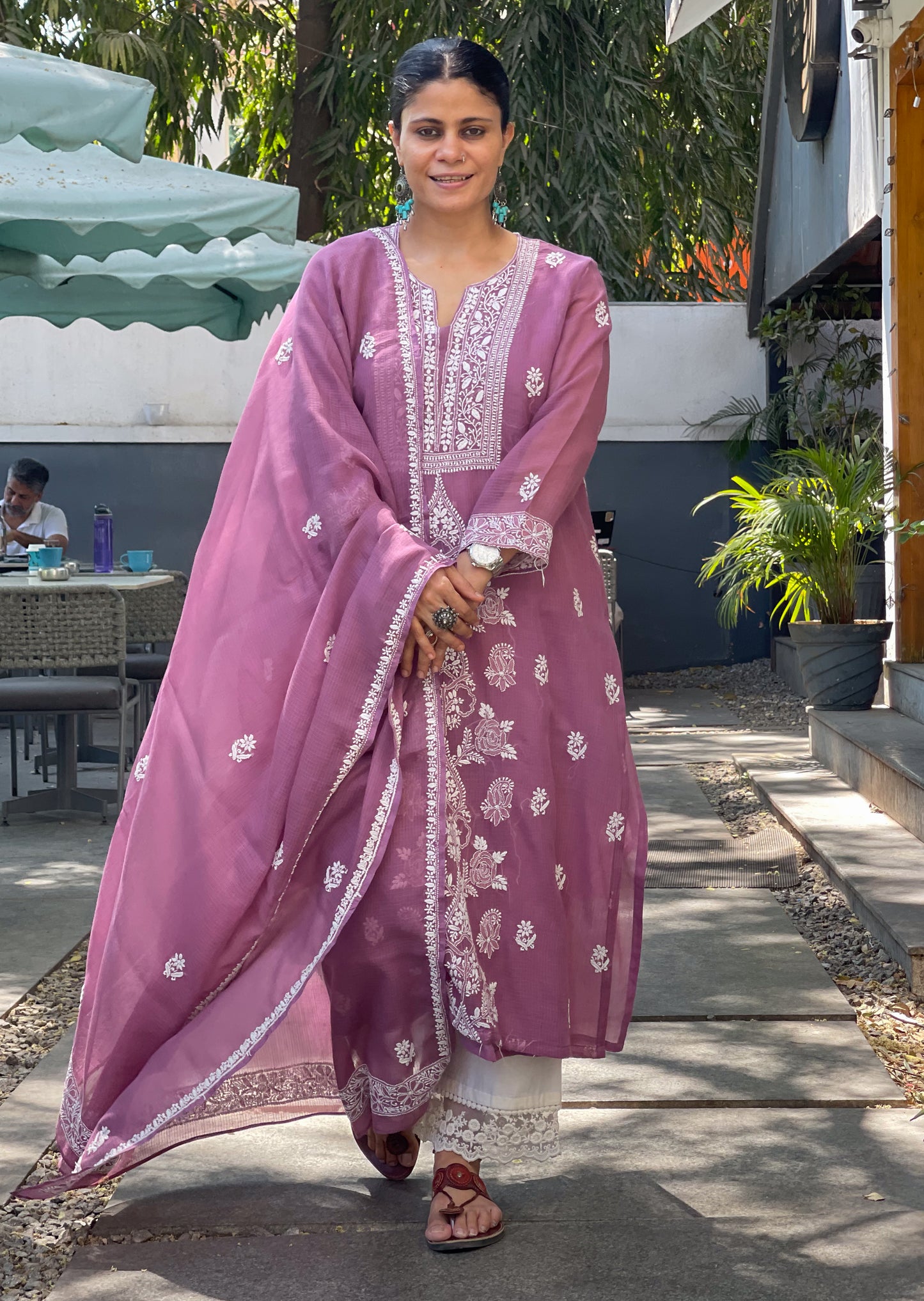 Handembroidered Chikankari Kota Doria With Dupatta