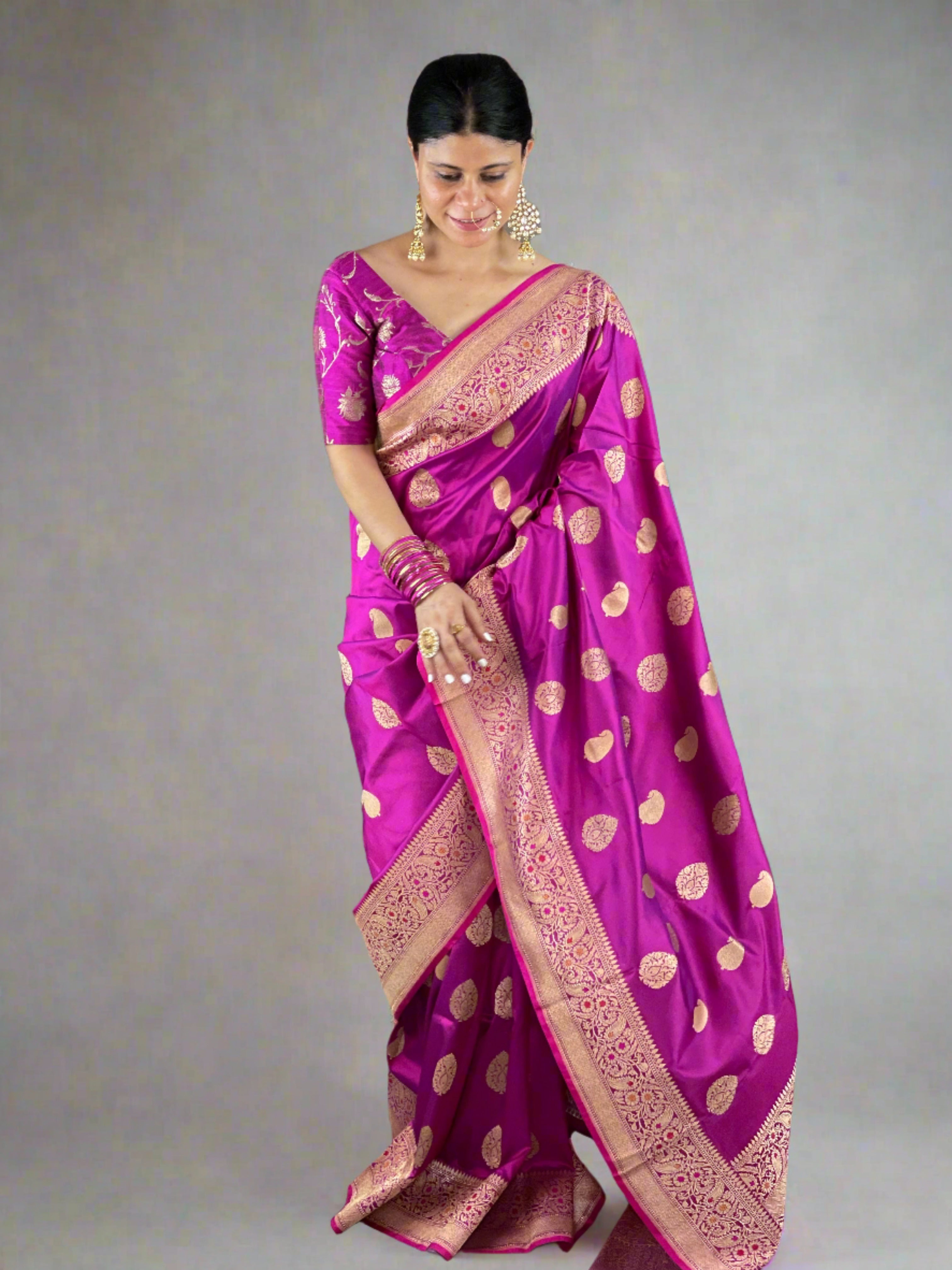 Magenta Purple Handloom Banarasi Khaddi Antique Zari Saree - Truth Fab