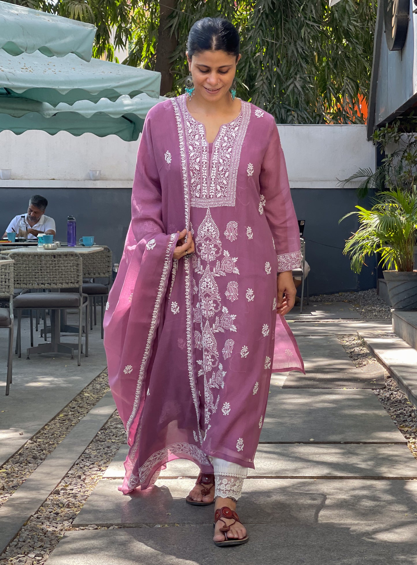 Handembroidered Chikankari Kota Doria With Dupatta