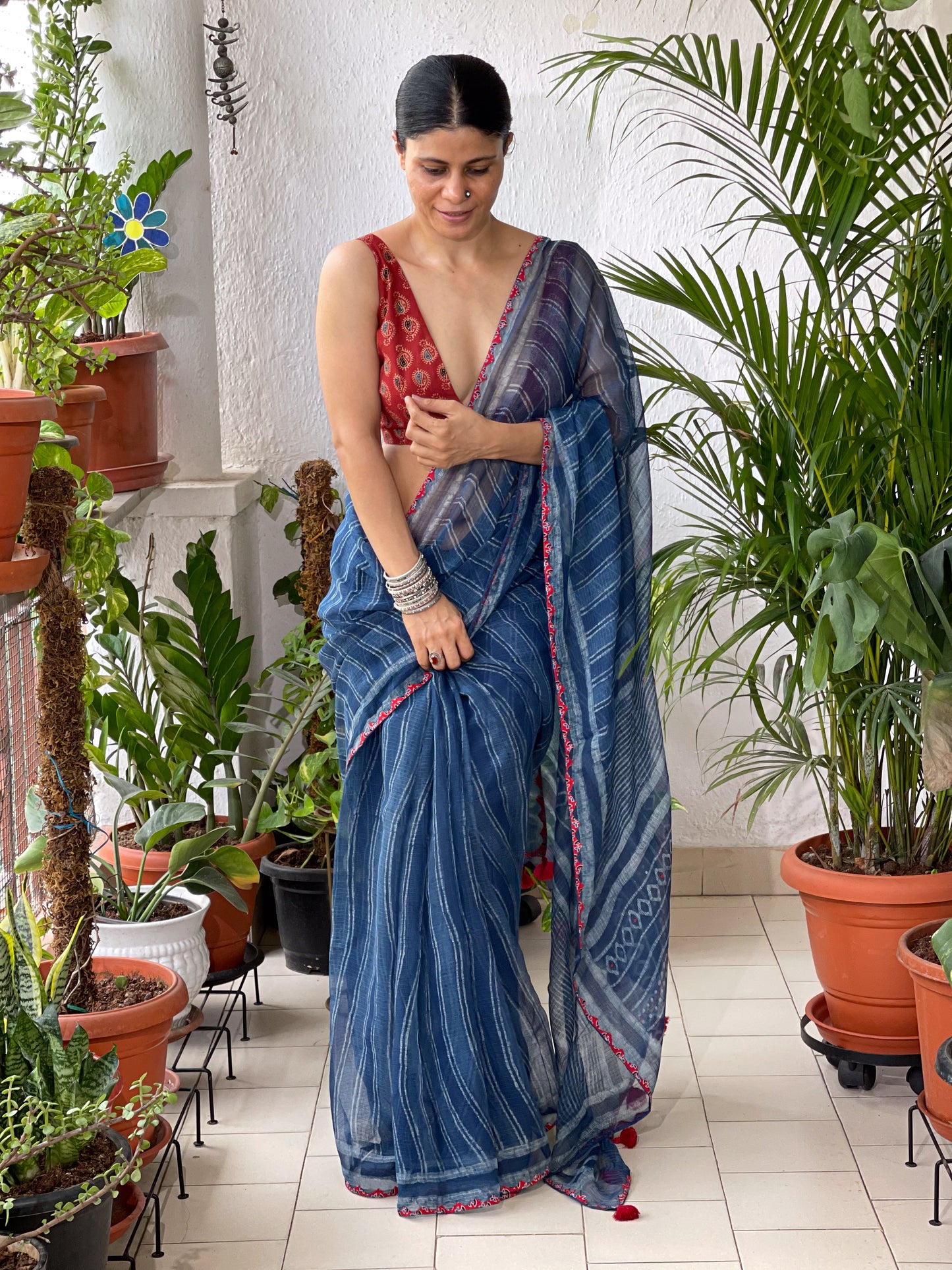 Hand block & Applique Hand Embroidered  Kota Doria Saree