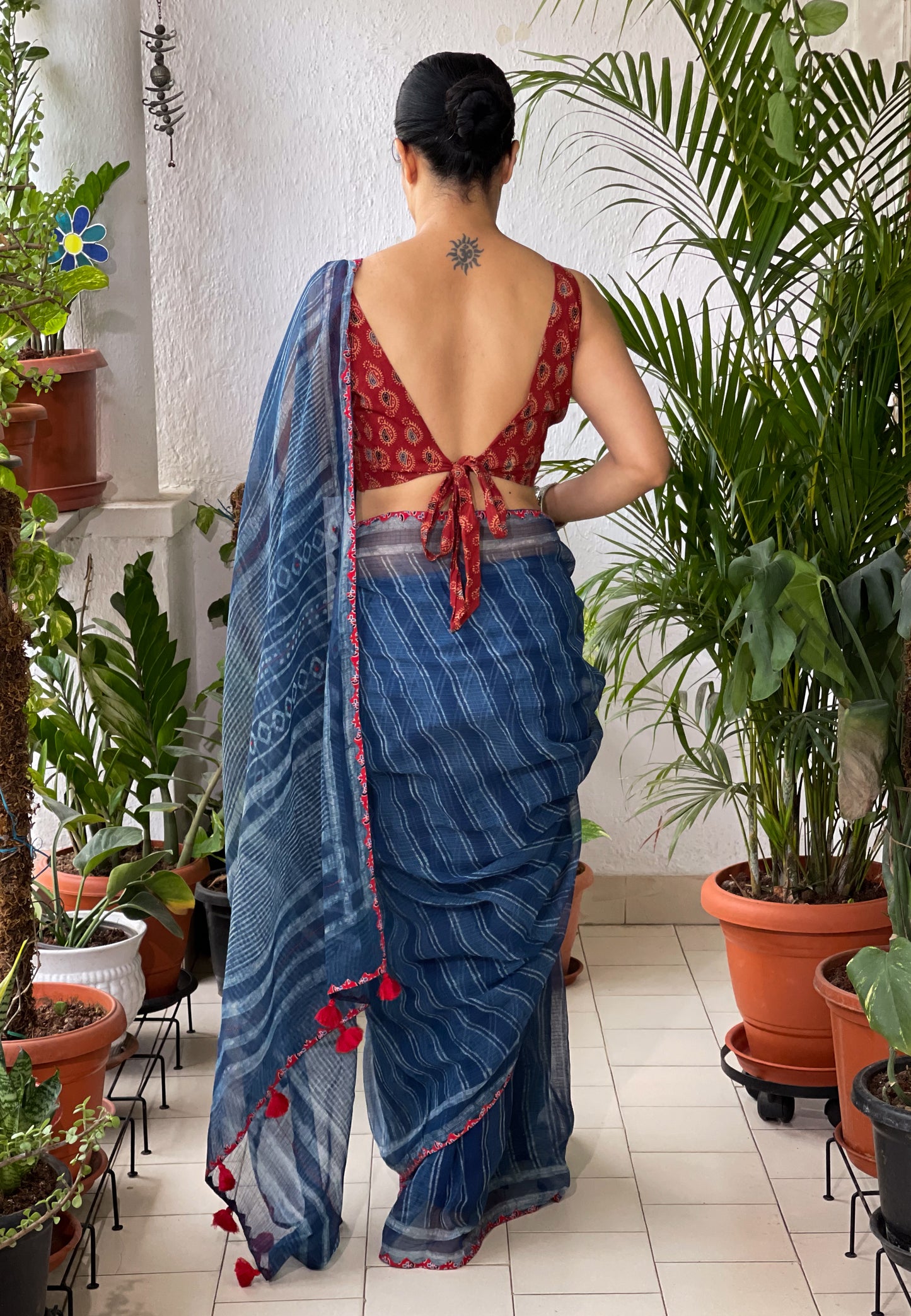 Hand block & Applique Hand Embroidered  Kota Doria Saree