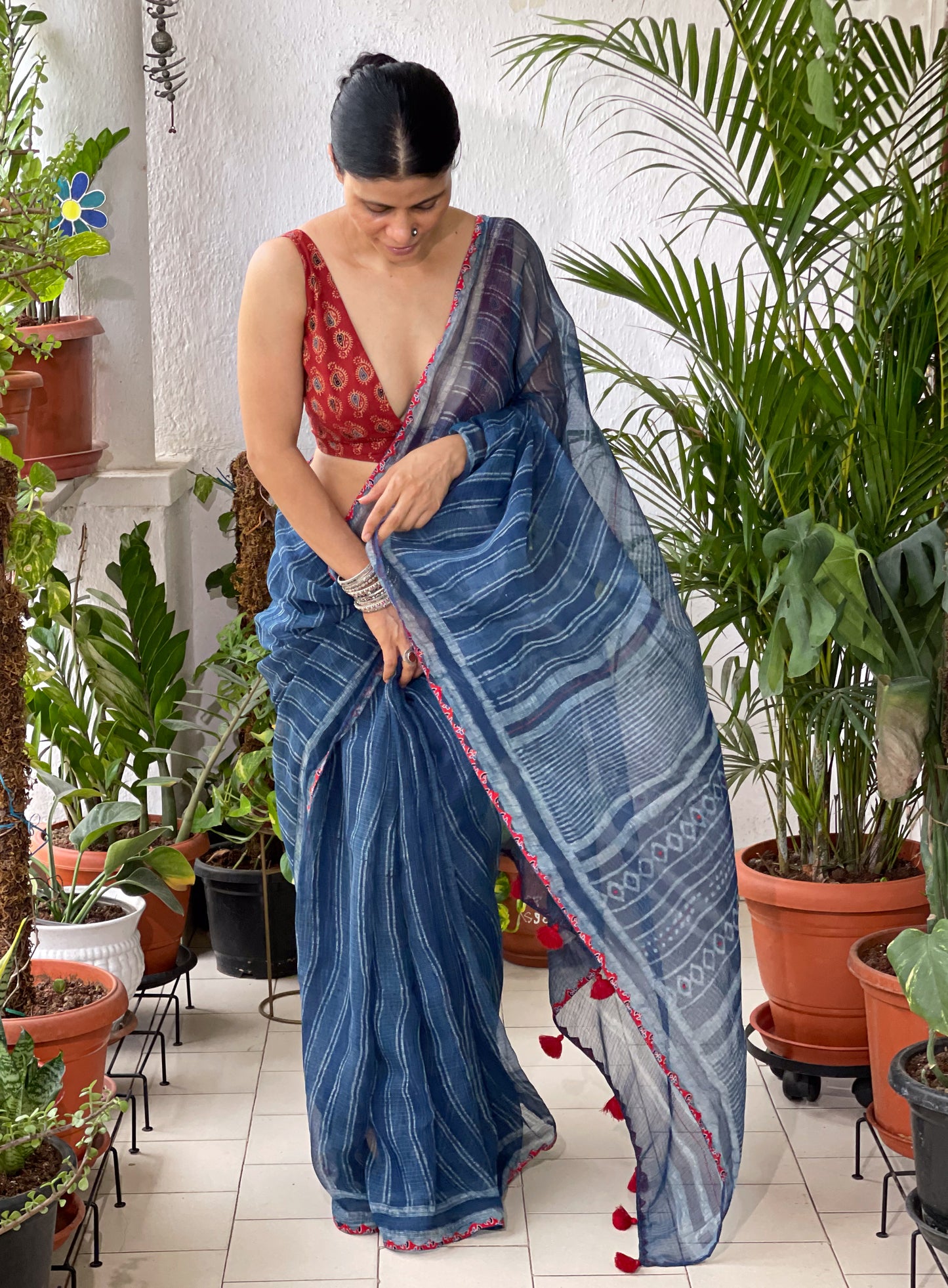 Hand block & Applique Hand Embroidered  Kota Doria Saree