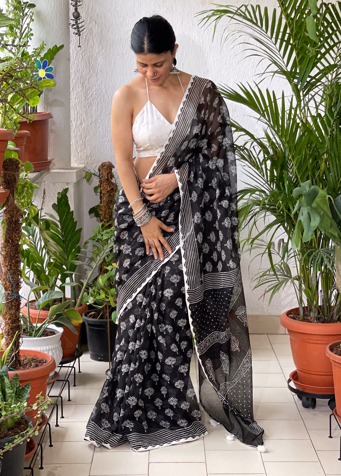 Hand block & Applique Hand Embroidered  Kota Doria Saree