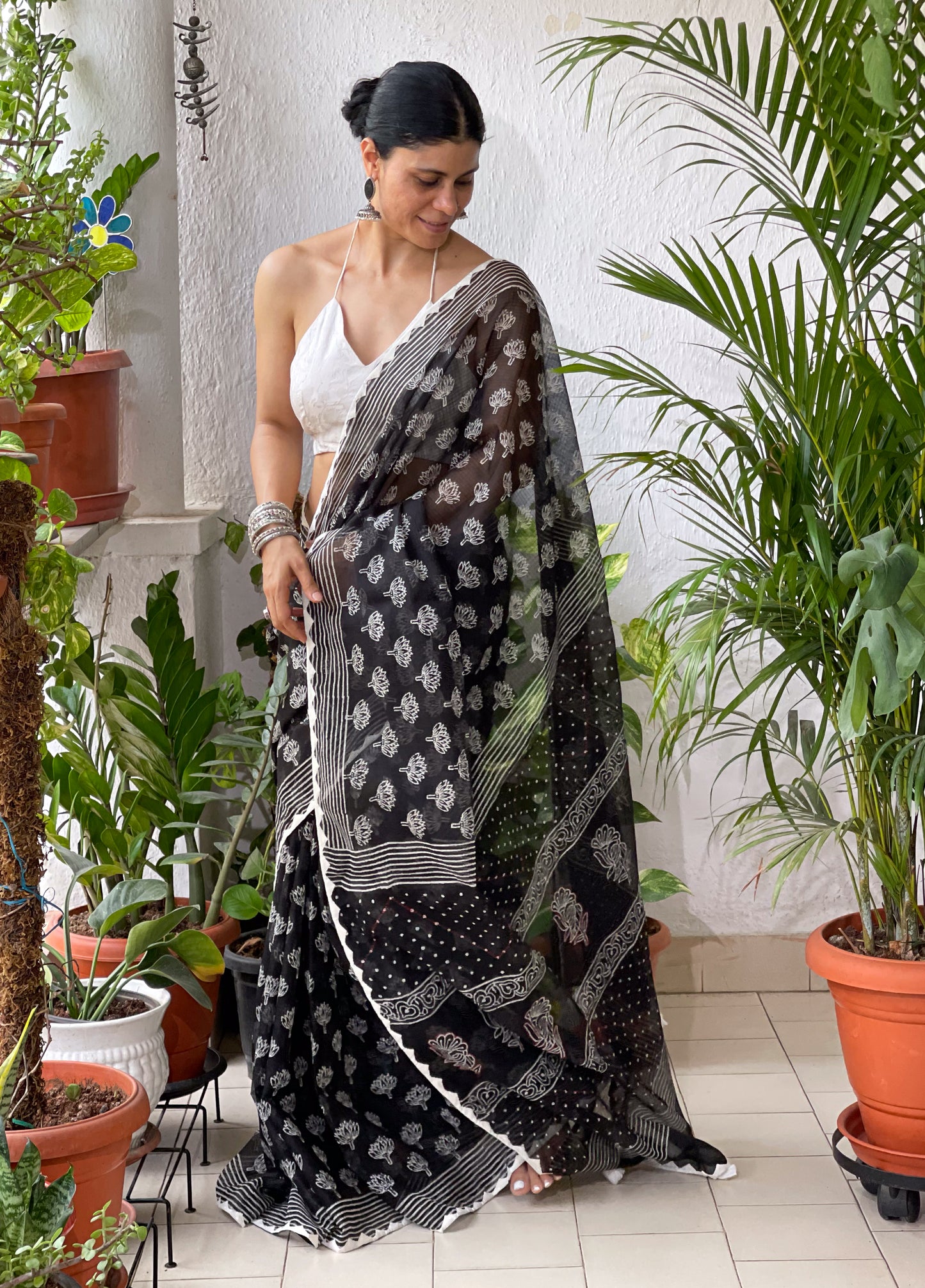 Hand block & Applique Hand Embroidered  Kota Doria Saree