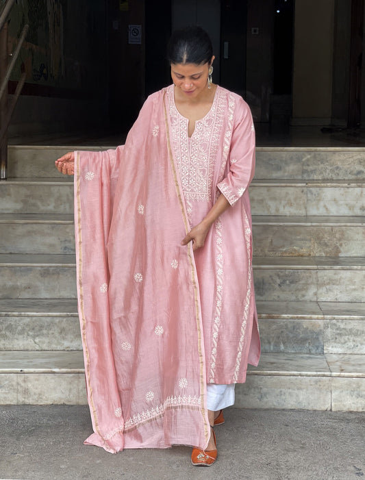 Chanderi Silk Handembroidered Chikankari Dupatta