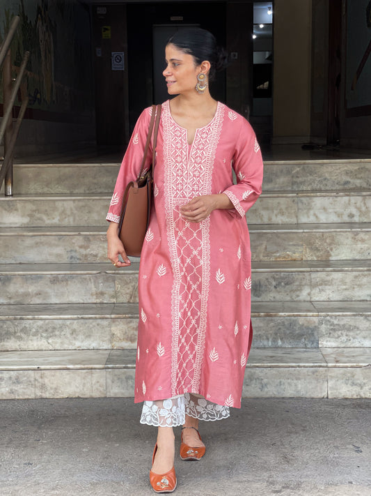 Handembroidered Chikankari Chanderi silk Kurta