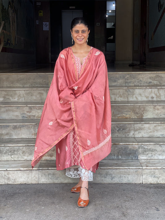 Chanderi Silk Handembroidered Chikankari Dupatta