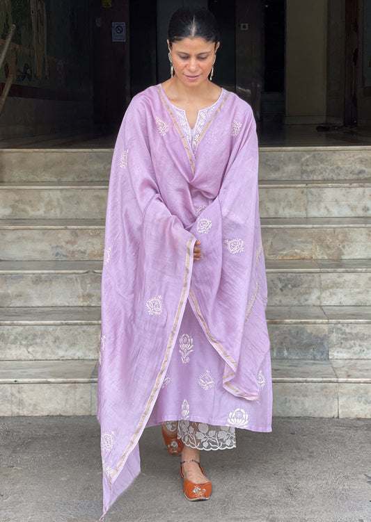 Chanderi Silk Handembroidered Chikankari Dupatta