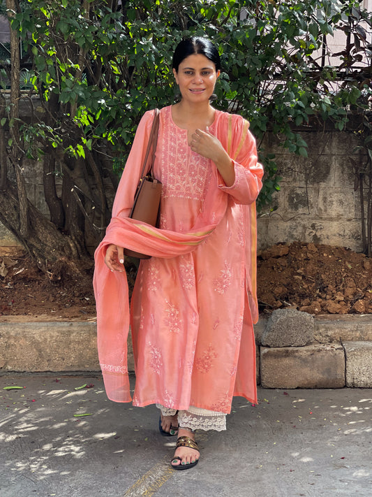 Handembroidered  Chikankari  Chanderi Silk Kurta With Dupatta