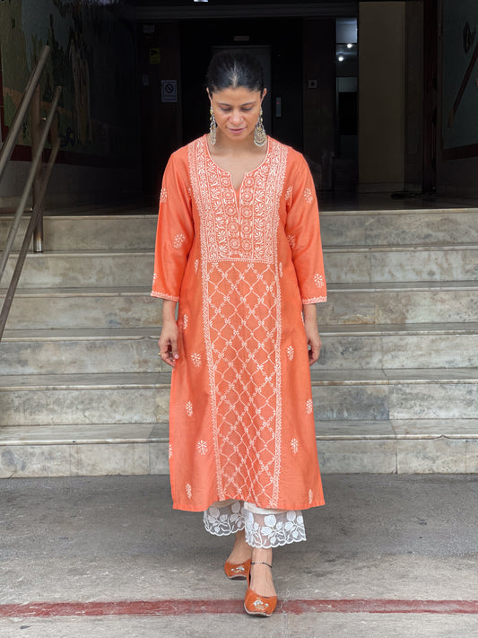 Handembroidered Chikankari Chanderi silk Kurta