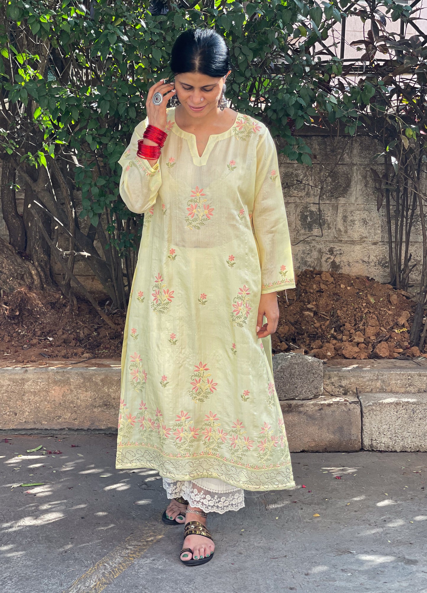 Hand Embroidered  Chikankari  Tussar silk Kurta With  Dupatta