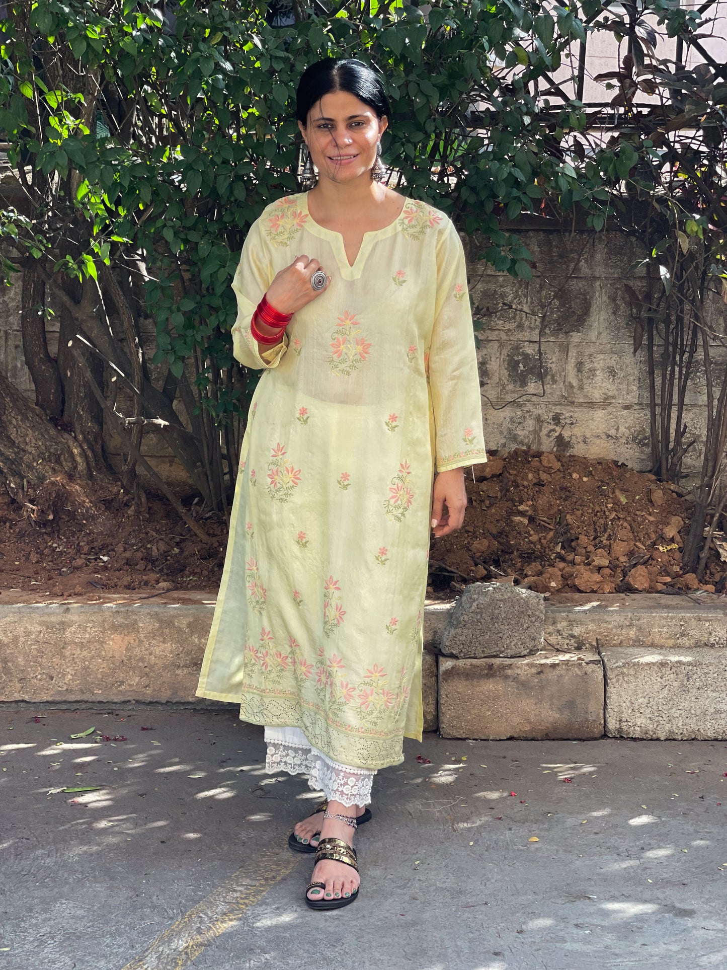 Hand Embroidered  Chikankari  Tussar silk Kurta With  Dupatta