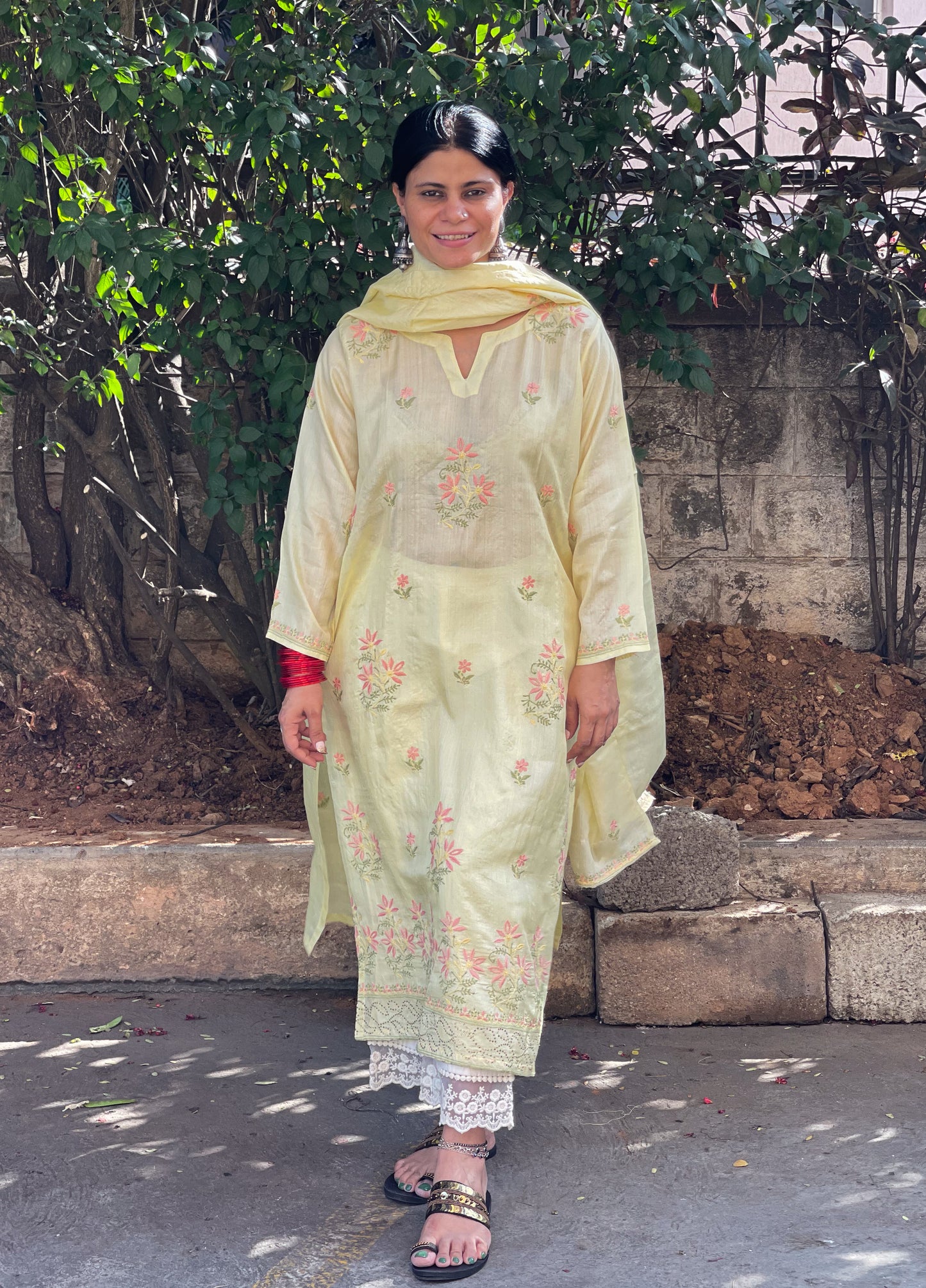 Hand Embroidered  Chikankari  Tussar silk Kurta With  Dupatta