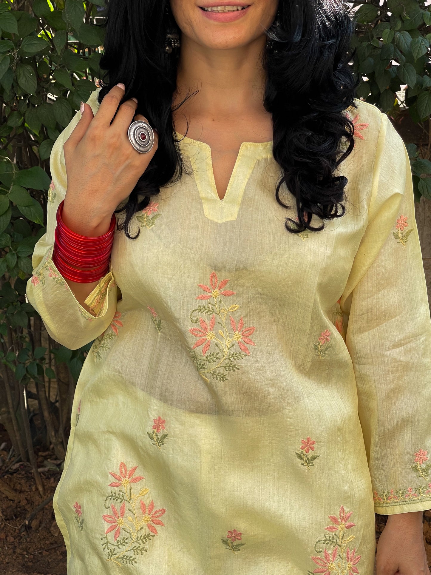 Hand Embroidered  Chikankari  Tussar silk Kurta With  Dupatta