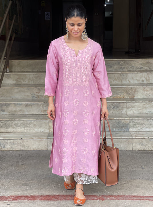 Handembroidered Chikankari Chanderi silk Kurta