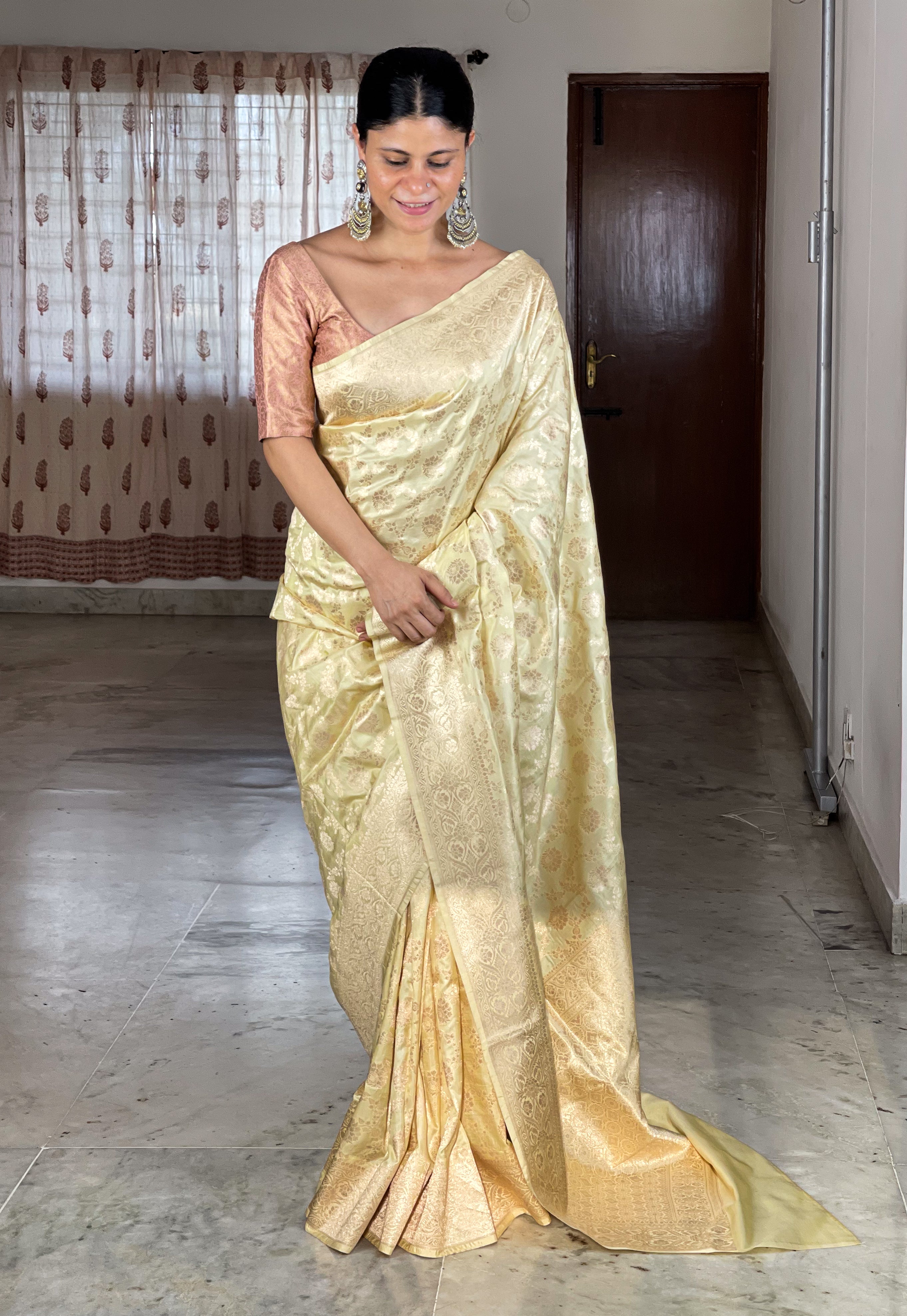 Wheat Cream Zari Woven Tanchui Kanjivaram Fusion Silk Saree – MySilkLove